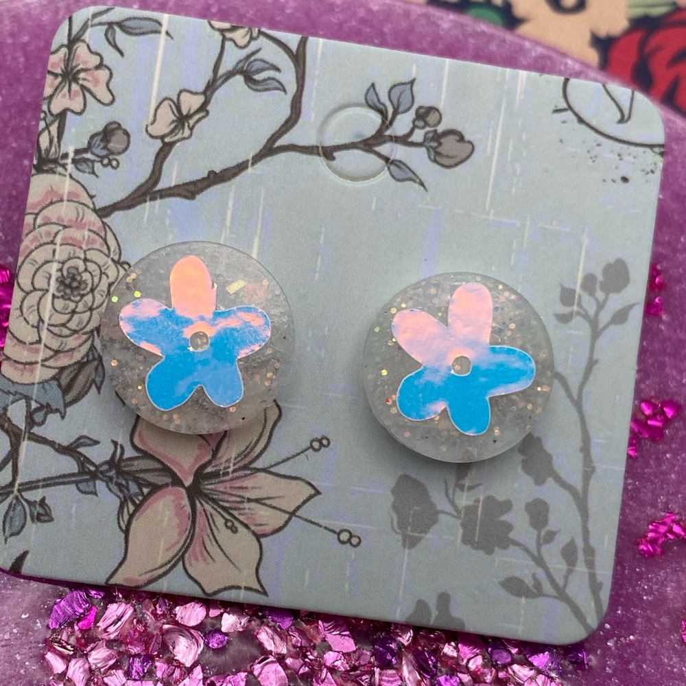 3 for $12 - Handmade Resin Holo Decal Flower Earrings